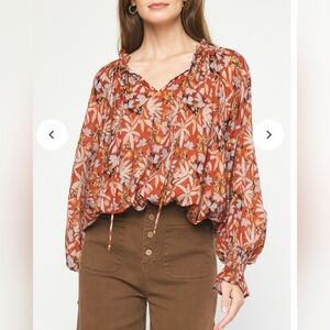 Entro Women's Floral Ruffle Balloon Sleeve Blouse Size L Color Rust Bohemian EUC